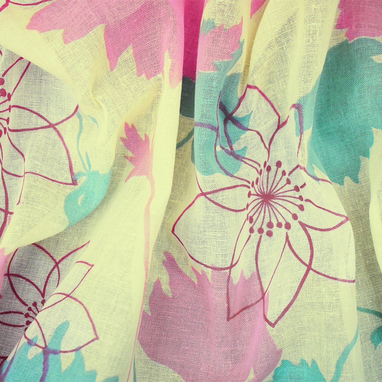 Yellow-Pink Multi Floral Printed Cotton Gauze Woven Fabric By the Yard